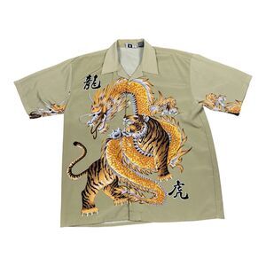 Moon Dragon Tiger Hawaiian Shirt Mens XL Beige Asian Tattoo Y2K Aloha Camp